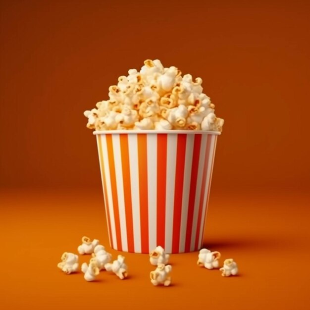 Popcorn in gestreifter Schachtel auf orangefarbenem Hintergrund 3D-Rendering