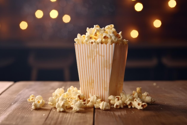 Popcorn in Papiertüte auf Holztisch