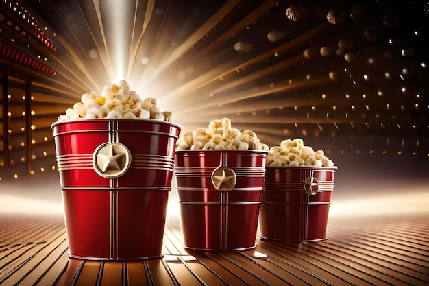 Foto popcorn in roten eimern mit popcorn auf einem holzboden.