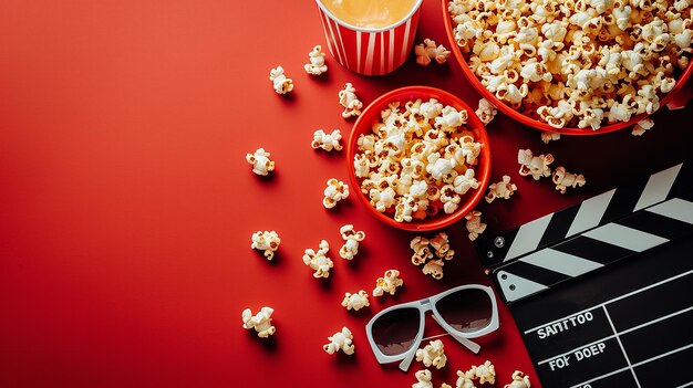 Popcorn mit Käse- und Karamelldeckel, Sonnenbrille und rötlichem Hintergrund, generative KI