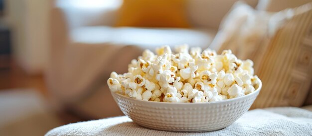 Popcorn numa tigela para uma noite de cinema num sofá bege conceito de lanche não saudável