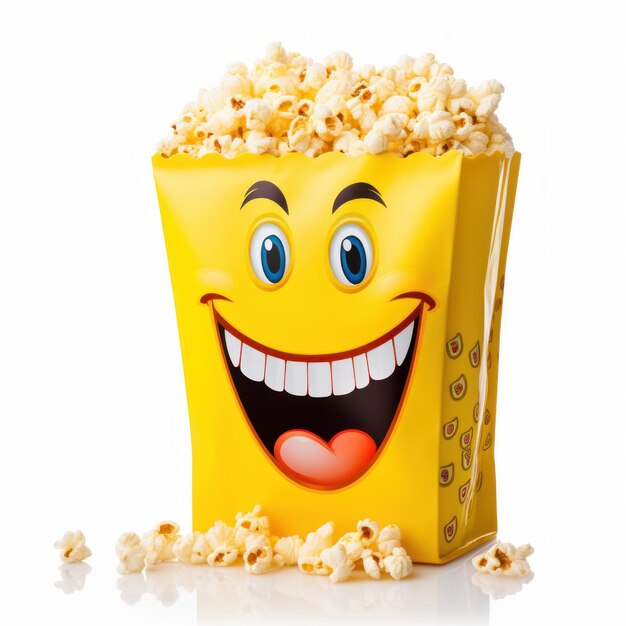 Popcorn-Tüte mit einem lächelnden Gesicht im einzelnen Cartoon-Stil, der von der KI generiert wurde