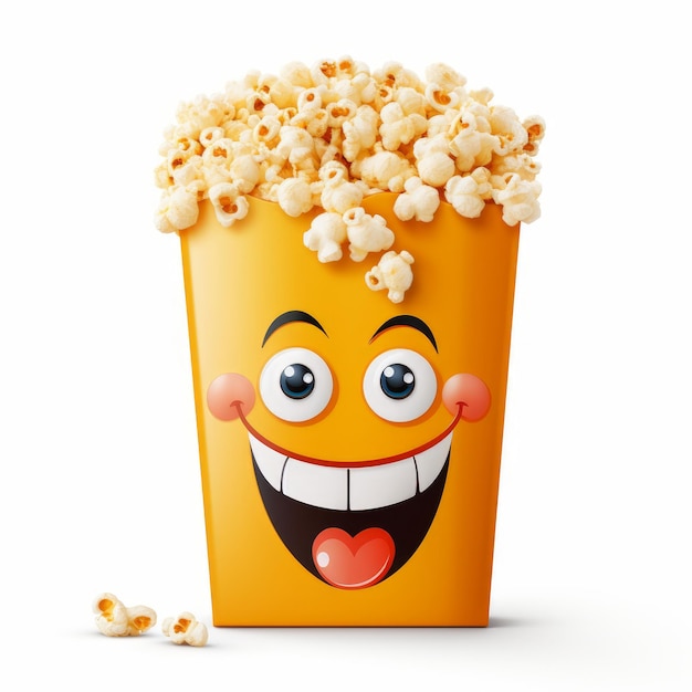 Popcorn-Tüte mit einem lächelnden Gesicht im einzelnen Cartoon-Stil, der von der KI generiert wurde