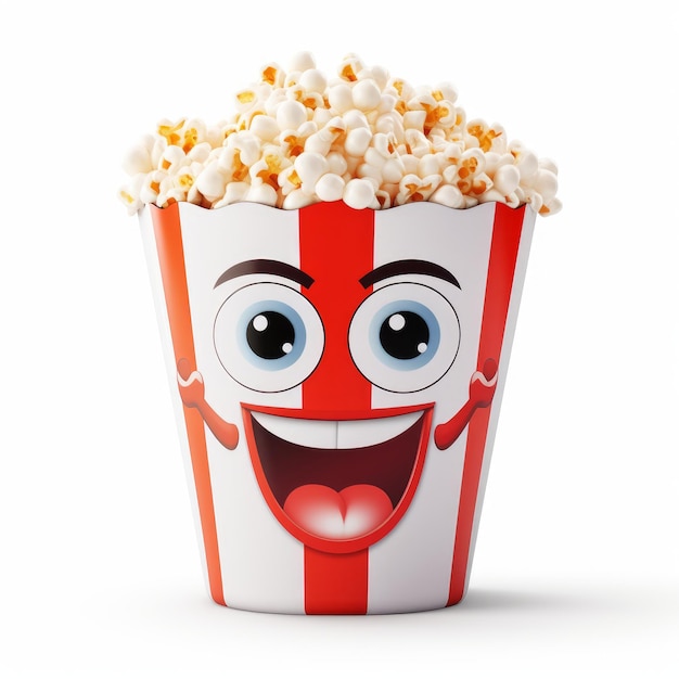 Popcorn-Tüte mit einem lächelnden Gesicht im einzelnen Cartoon-Stil, der von der KI generiert wurde