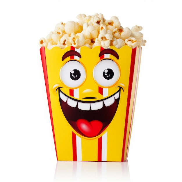 Popcorn-Tüte mit einem lächelnden Gesicht im einzelnen Cartoon-Stil, der von der KI generiert wurde