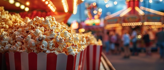 Popcorn um cenário de feira borbulhante incorporou uma cabine de popcorn onde indivíduos ansiosos poderiam obter popcorn deliciosamente explodido e espaço IA geradora