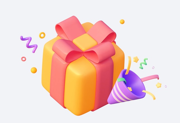 Popper de festa com confete voador e presente de aniversário e ilustração de renderização 3d de ano novo