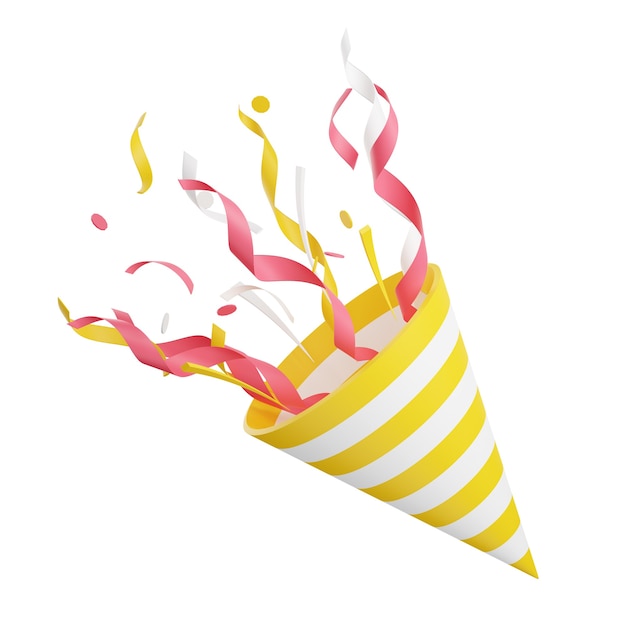 Foto popper de fiesta con confeti volador 3d render ilustración. el petardo explota con serpentina para sorpresa o concepto ganador aislado sobre fondo blanco. popper de cono de cumpleaños y aniversario.