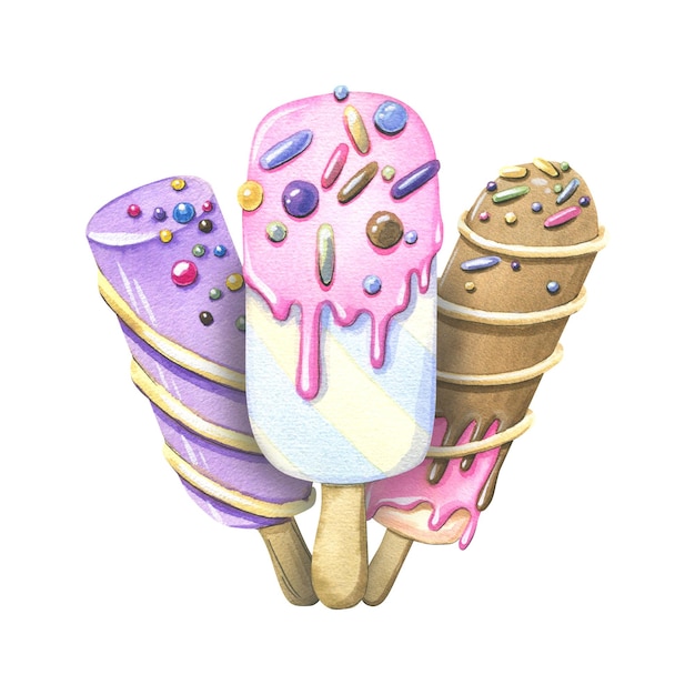 Popsicle in Icing mit Gebäckstreuseln Aquarellillustration Zusammensetzung einer großen Reihe von ICE CREAM Für die Dekoration und Gestaltung von Menüs, Verpackungen, Werbepostkarten, Posterdrucken