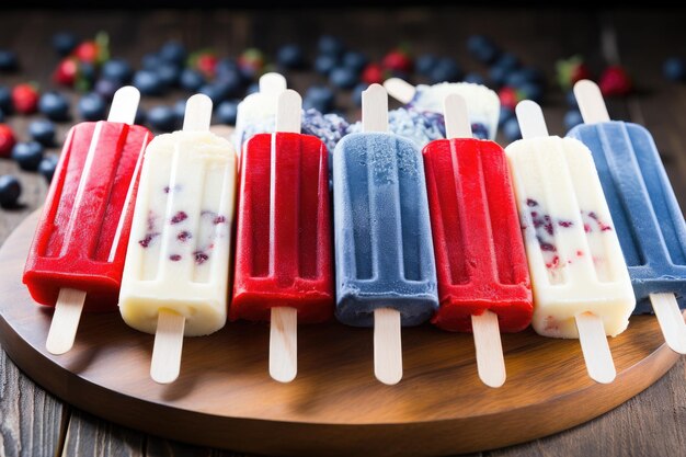 Popsicles coloridos con arándanos y frambuesas presentados en una tabla de madera rústica Popsicles rojos blancos y azules en una mesa al aire libre AI Generado AI Generado