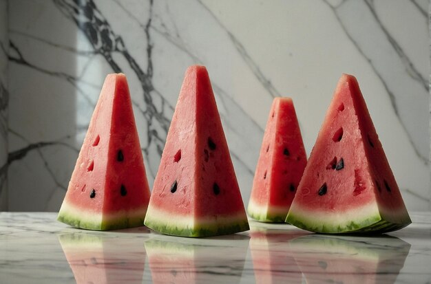 Popsicles de sandía en una fila en un mármol