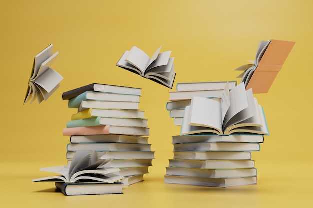 Popularidad de leer ediciones impresas de libros muchos libros sobre un fondo amarillo 3d render