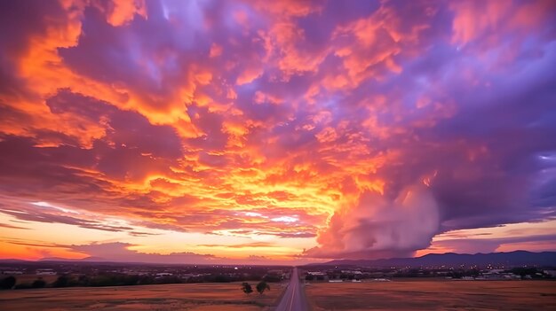 Pôr do sol absolutamente espetacular com nuvens coloridas iluminadas pelo sol Generative ai