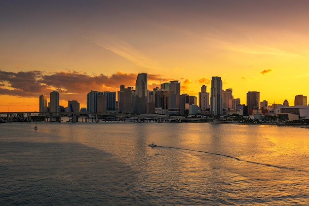 Pôr do sol acima do horizonte de Downtown Miami e da Baía de Biscayne