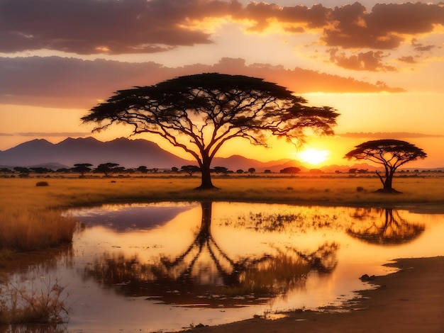 Foto pôr do sol africano com um lago árvores e montanhas pôr do sol por um lago de água na savana sul ai