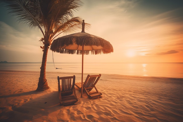 Pôr do sol amarelo na praia Fundo do pôr do sol das palmeiras Rede neural gerada por IA