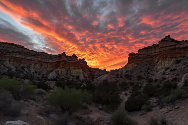 Pôr do sol ardente do desfiladeiro com formações rochosas recortadas e nuvens criadas com ai generativo