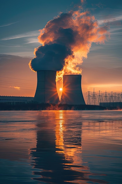 Foto pôr-do-sol atrás das torres de resfriamento de uma usina nuclear