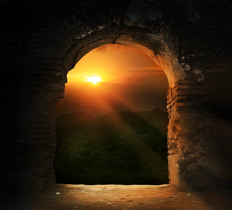 pôr do sol através da porta da ponte