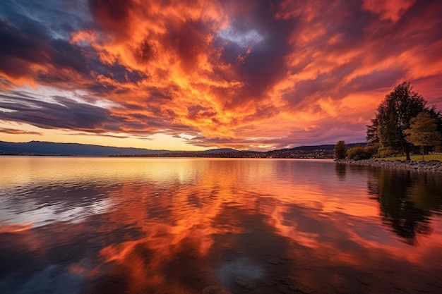 Pôr do sol colorido no lago Cena dramática e pitoresca Pôr do sol brilhante sobre o lago Genebra Suíça nuvens douradas refletem na água gerada por IA