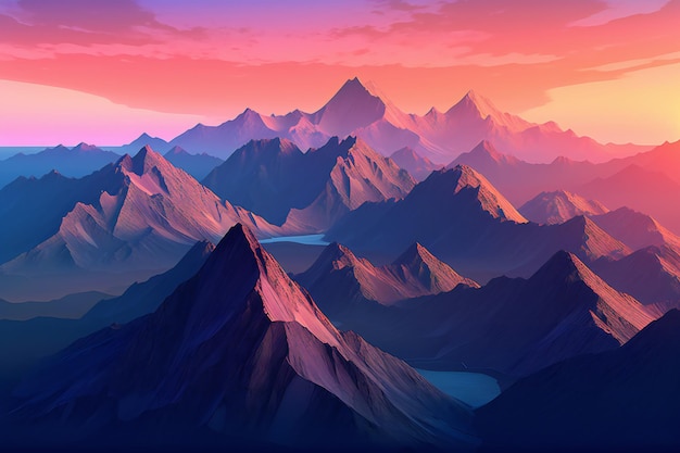 Pôr do sol colorido sobre desenho digital de montanhas