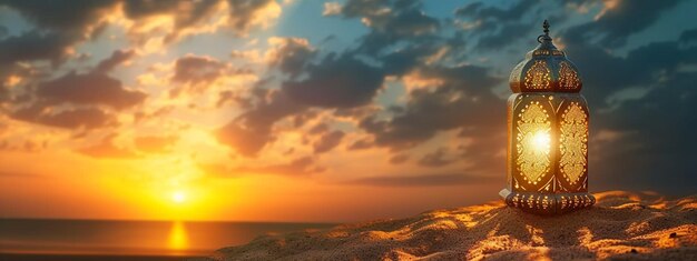Foto pôr-do-sol com lanterna árabe na areia bandeira de viagem de férias perfeita