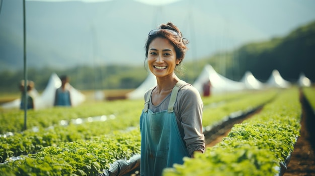 Pôr-do-sol com uma mulher de meia-idade. Ela é uma agricultora de 50 anos e tem um sorriso lindo. Ela está a jardinagem.