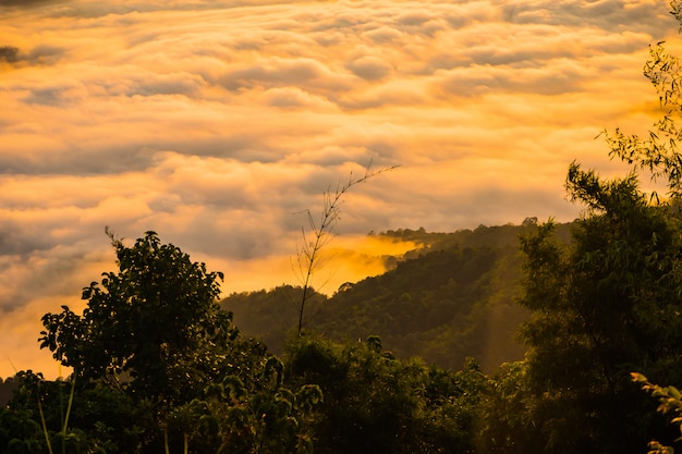 pôr do sol com vista para as montanhas com névoa