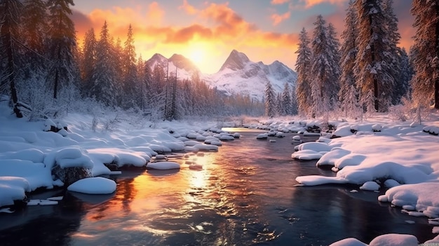Pôr do sol da montanha paisagem do pôr do sol floresta de inverno fundo de neve