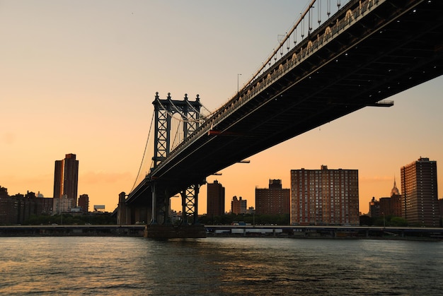 Pôr do sol da ponte de manhattan