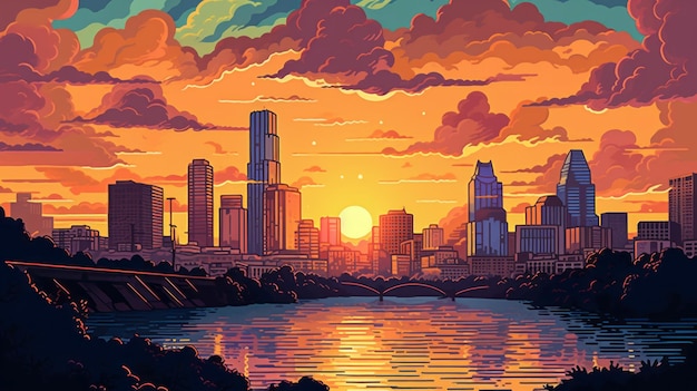 Pôr do sol de Austin na década de 1810 uma ilustração de pixel art