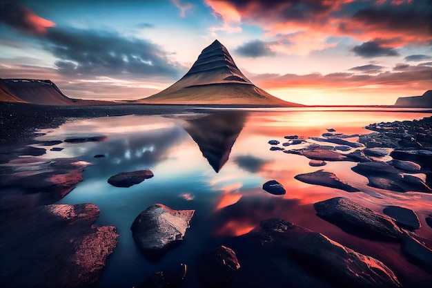 Pôr do sol de ilustração durante uma noite fantástica com o vulcão Kirkjufell Generative AI