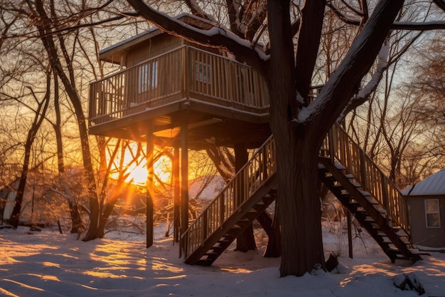 Pôr do sol de inverno lançando longas sombras na casa da árvore criada com IA generativa