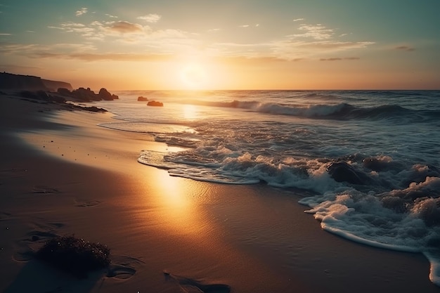 Pôr do sol de praia tropical com ondas quebrando na costa Generative AI