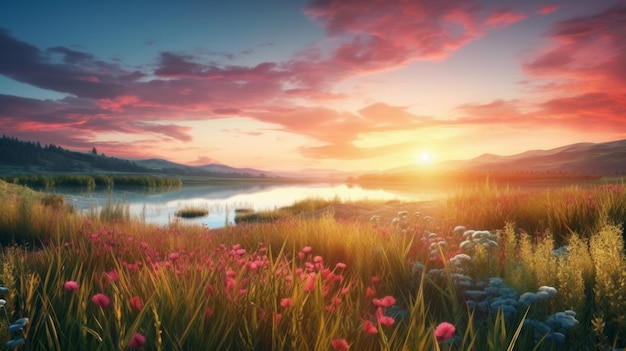 Pôr do sol de verão ou paisagem do nascer do sol com um campo selvagem simples e um lago no fundo