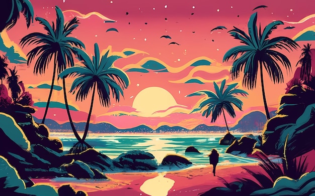 Pôr do sol deslumbrante em uma ilustração de praia