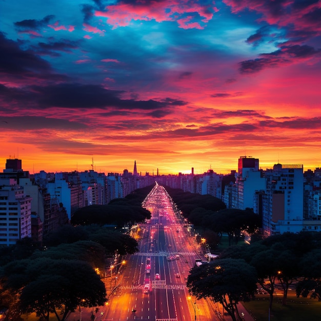Pôr do sol deslumbrante sobre Buenos Aires com marcos icônicos