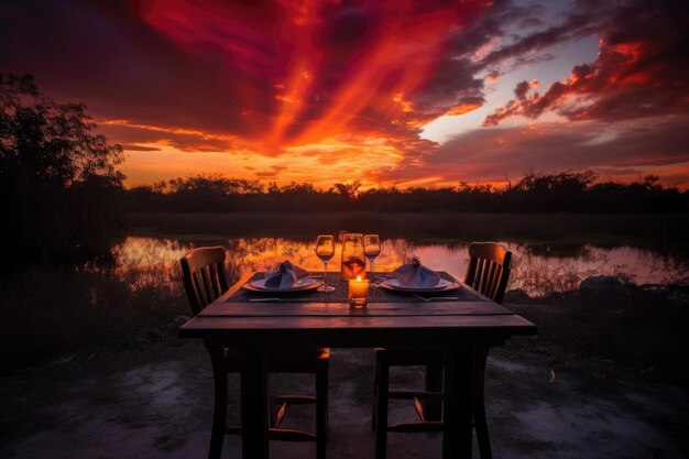 Foto pôr do sol dramático com mesa e assentos para dois criados com ia generativa