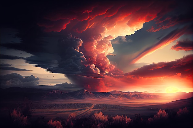 Pôr do sol dramático com nuvens sobre o vale após o terremoto
