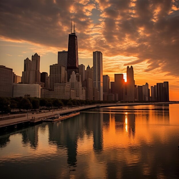 Por do sol dramático do horizonte da cidade de Chicago no centro da cidade