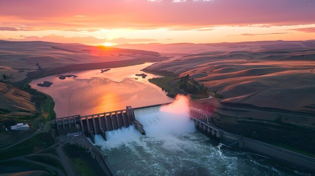 Foto pôr-do-sol dramático sobre colinas onduladas com uma barragem hidrelétrica em primeiro plano paisagem bonita paisagem cativante capturada ao anoitecer ai