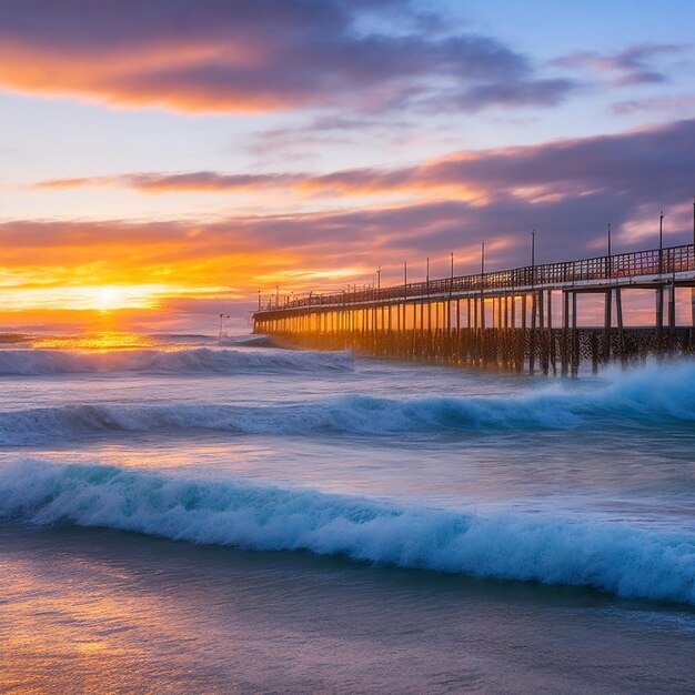 Foto pôr-do-sol e fluxo de ondas em new brighton pier christchurch nova zelândia