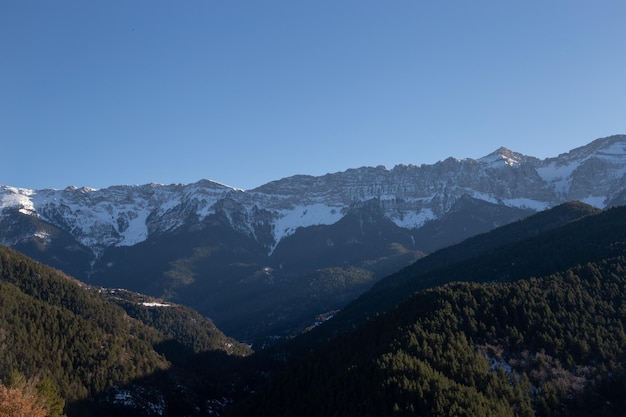 Pôr do sol em algumas montanhas nevadas cercadas por florestas de pinheiros