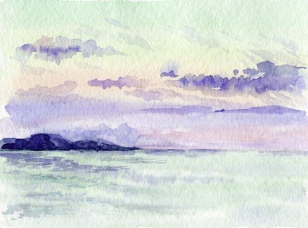 Pôr do sol em aquarela no esboço de ilustração desenhado à mão da paisagem marinha do mar