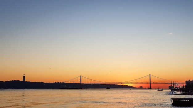 Pôr do sol em Portugal tendo como pano de fundo a ponte