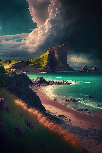 Pôr do sol em um litoral de praia de mar selvagem e ondas de areia e surf do mar no fundo de montanhas e flores Amanhecer em uma ilustração 3d de céu nublado
