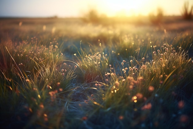 Foto pôr do sol em um prado com grama e flores no verão