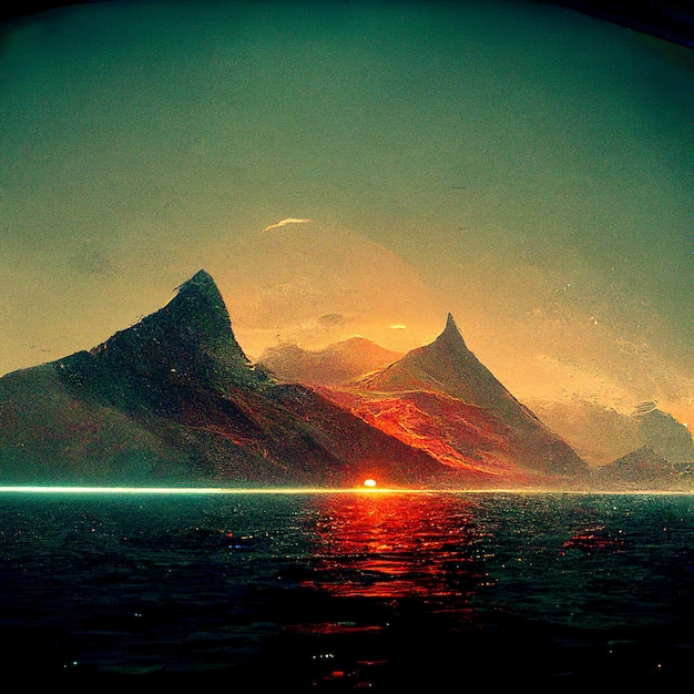 Pôr do sol em uma paisagem futurista do lago de montanha