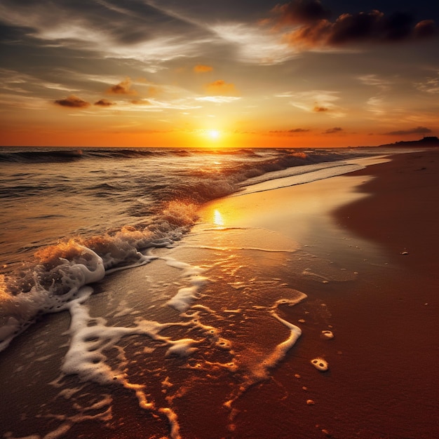 Pôr do sol em uma praia com ondas chegando à costa generativa ai