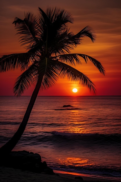 pôr do sol em uma praia com palmeiras